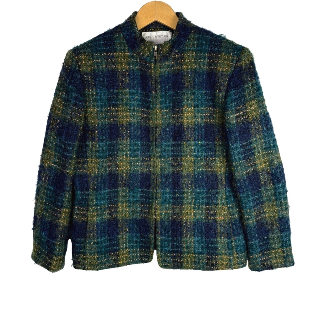 Jones New York Wool Mohair Plaid Jacket Teal Navy Green Mock Neck Zip Front 8